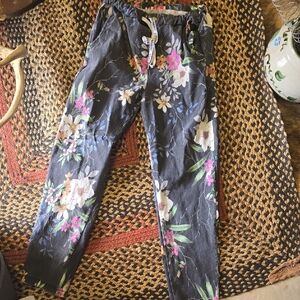Floral Drawstring Cargo Pants - Black with Pink & White Blooms